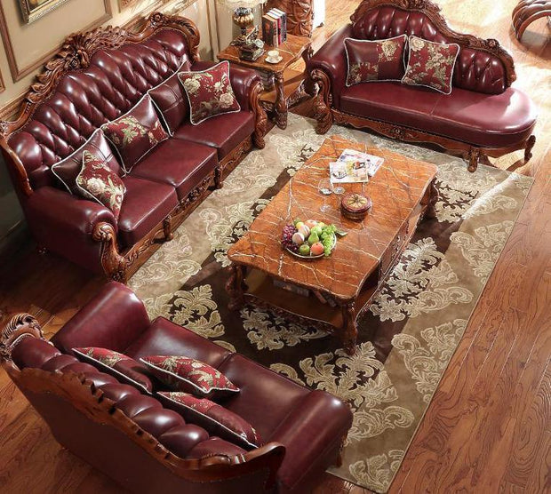 Charm Master, European Style Leather Sofa, 123 Sets Of Solid Wood Living Room Furniture, Head Leather, American Leather Sofa